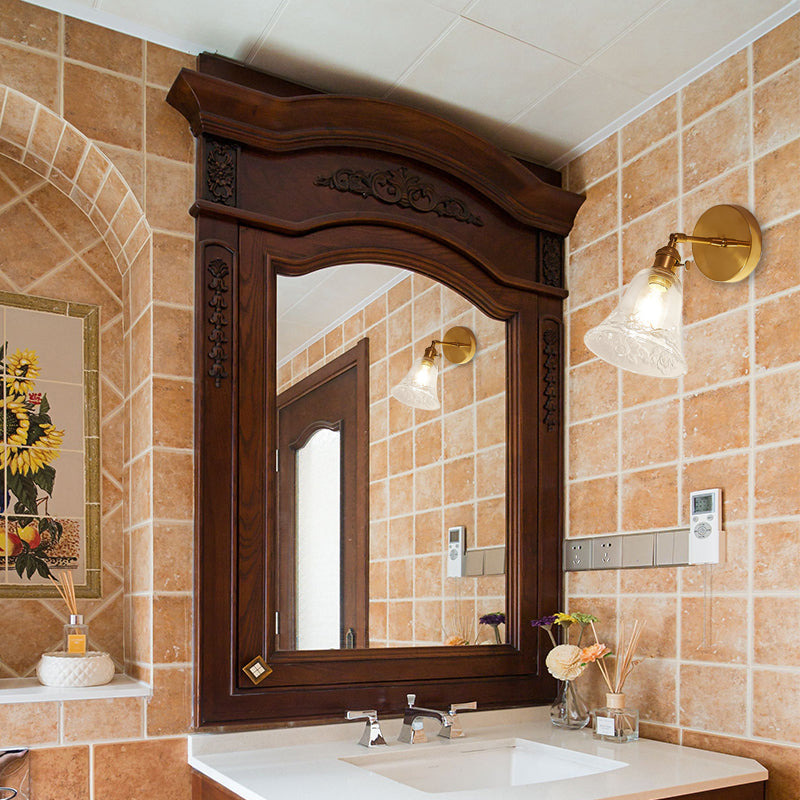 BowLift | 1 Light Clear Glass Wall Scone Light Rustic Brass Bell Bedroom Lighting Fixture with Flower