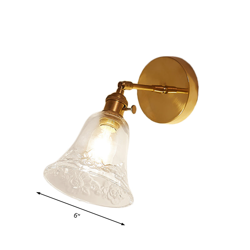 BowLift | 1 Light Clear Glass Wall Scone Light Rustic Brass Bell Bedroom Lighting Fixture with Flower