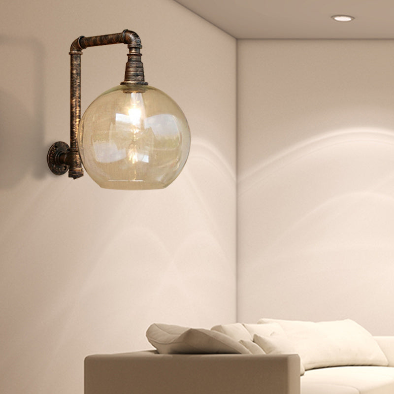 BowLift | Globe Stairway Wall Lamp Industrial Clear Glass 1 Light Aged Brass Wall Mounted Light with Corner Pipe, 8"/10" Width