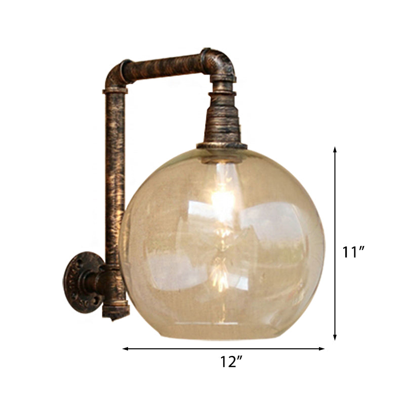 BowLift | Globe Stairway Wall Lamp Industrial Clear Glass 1 Light Aged Brass Wall Mounted Light with Corner Pipe, 8"/10" Width