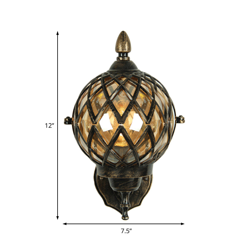 BowLift | 1 Light Amber Glass Wall Lamp Light Industrial Black Ball Dining Room Lighting Fixture with Cage
