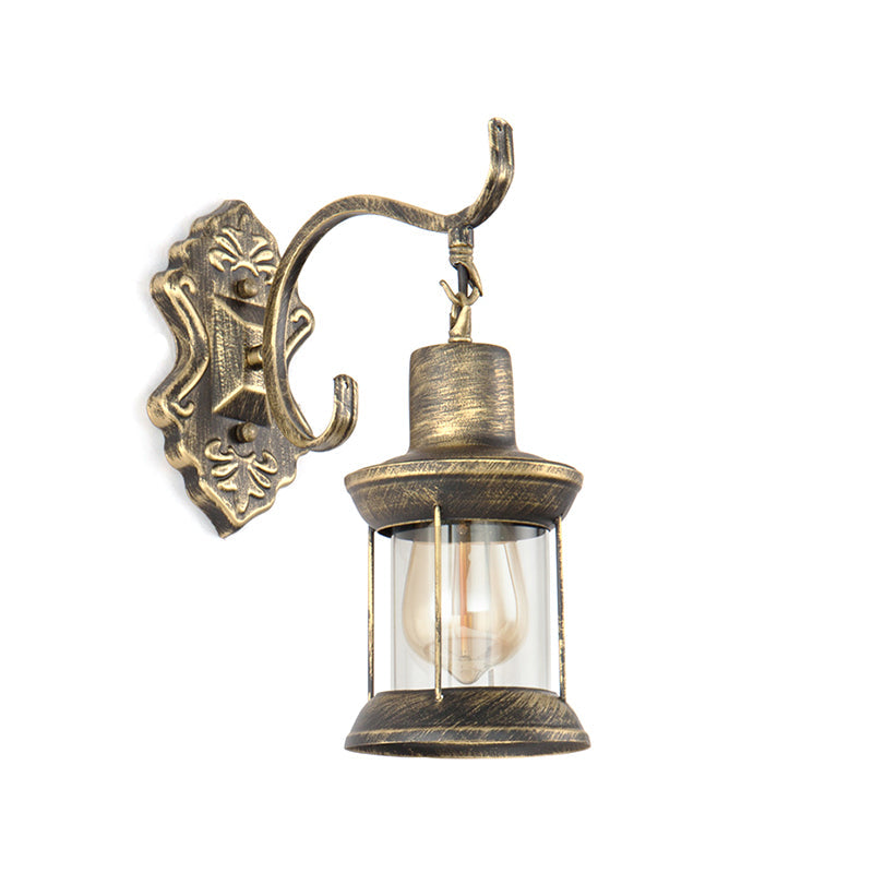 BowLift | 1 Light Bulb Kerosene Wall Mounted Light Rustic Style Aged Bronze Clear Glass Lighting with Engraved Pattern