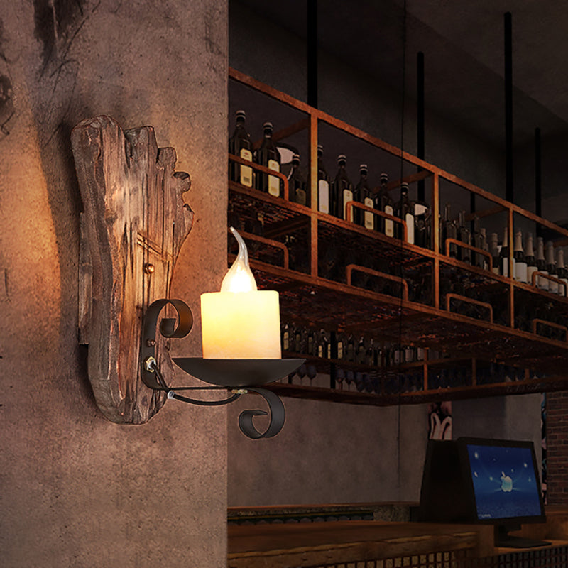 BowLift | Cylinder Coffee Shop Wall Light Fixture Artificial Marble 1 Light Brown Wall Lamp with Wood Semi-Cap/Base/Rectangle Base