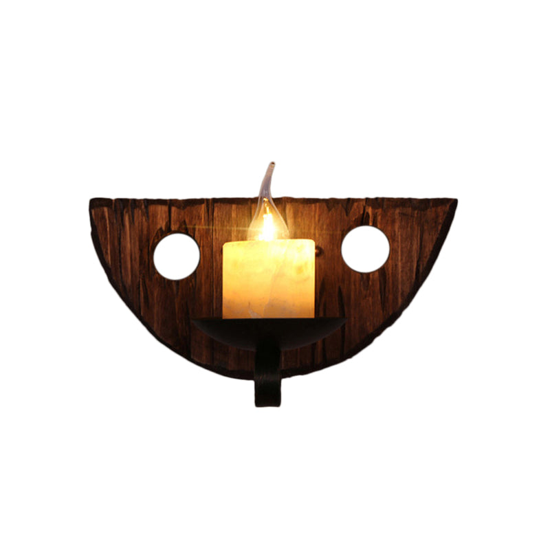 BowLift | Cylinder Coffee Shop Wall Light Fixture Artificial Marble 1 Light Brown Wall Lamp with Wood Semi-Cap/Base/Rectangle Base