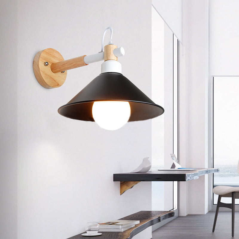 BowLift | 1 Head Conical Wall Lamp Light Nordic Style Black Metallic Wall Lighting with Wooden Backing