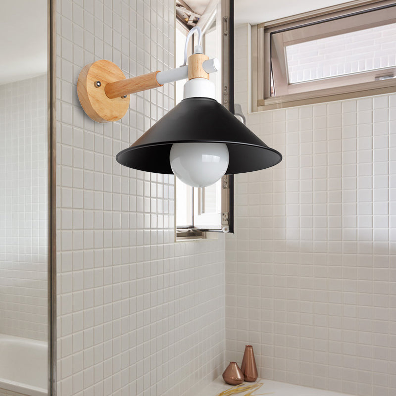 BowLift | 1 Head Conical Wall Lamp Light Nordic Style Black Metallic Wall Lighting with Wooden Backing