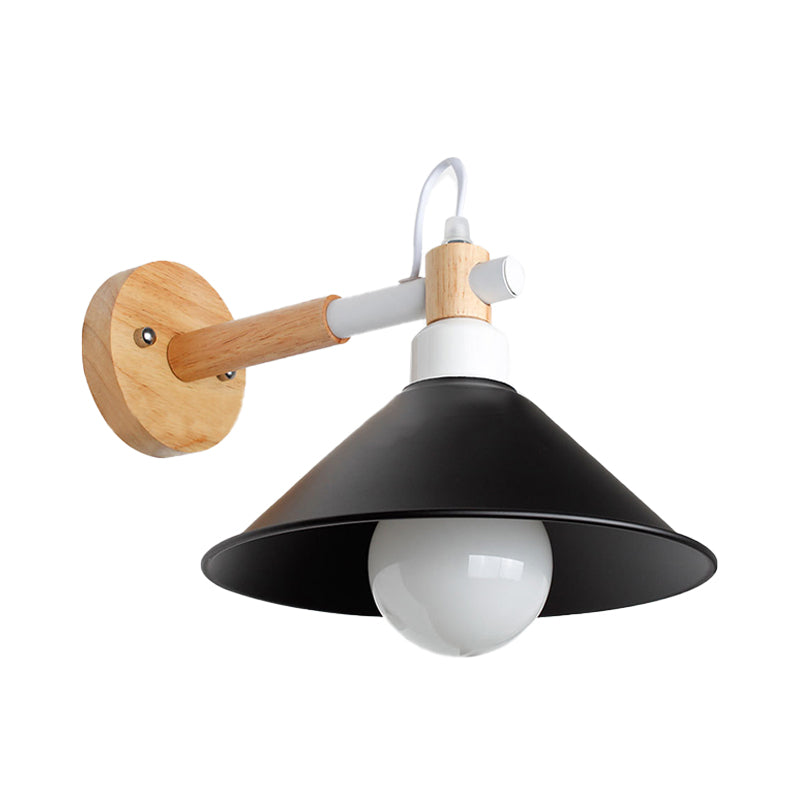 BowLift | 1 Head Conical Wall Lamp Light Nordic Style Black Metallic Wall Lighting with Wooden Backing