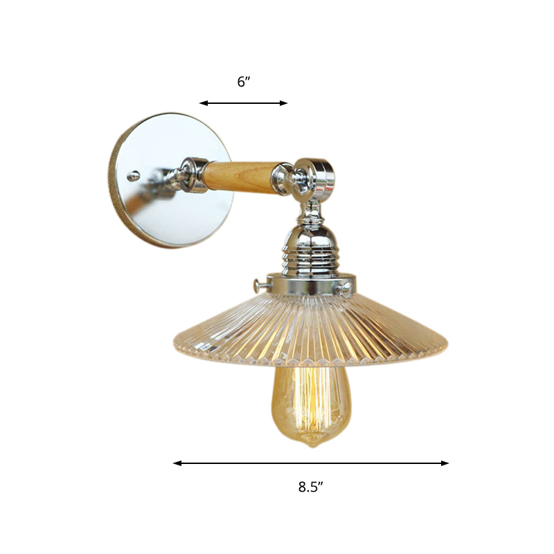 BowLift | 1 Light Clear Ribbed Glass Wall Sconce Light Industrial Chrome Cone Living Room Lighting Fixture, 8"/4"/6" Width Wood Arm