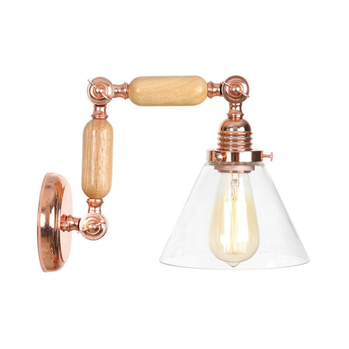 BowLift | Cone Shade Bedroom Wall Lamp Vintage Clear Glass 1 Light Wooden Wall Lamp with Long Arm