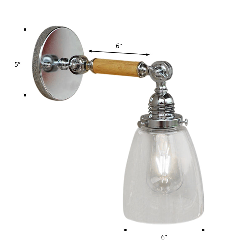 BowLift | Single-layer wall lamp with dome shade clear glass industrial living room light, 8"/4"/6" L wood arm
