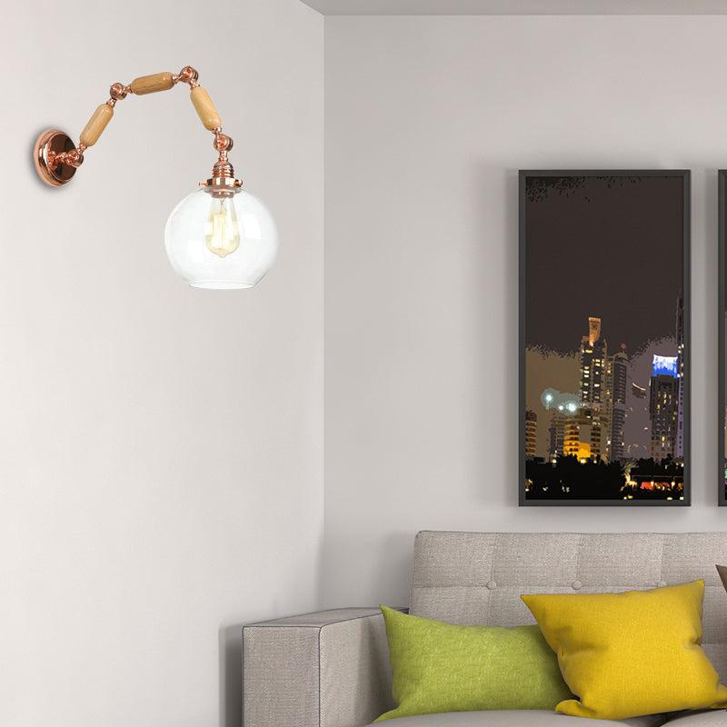 BowLift | Globe Living Room Wall Lamp Antique Clear Glass 1 Light Pink Gold Wall Lamp with Retractable Arm