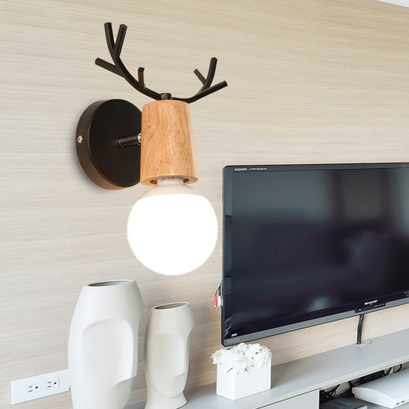 BowLift | 1 Light Bare Bulb Wall Lamp Modern Style Black/White Finish Metal and Wood Wall Lighting with Deer Side