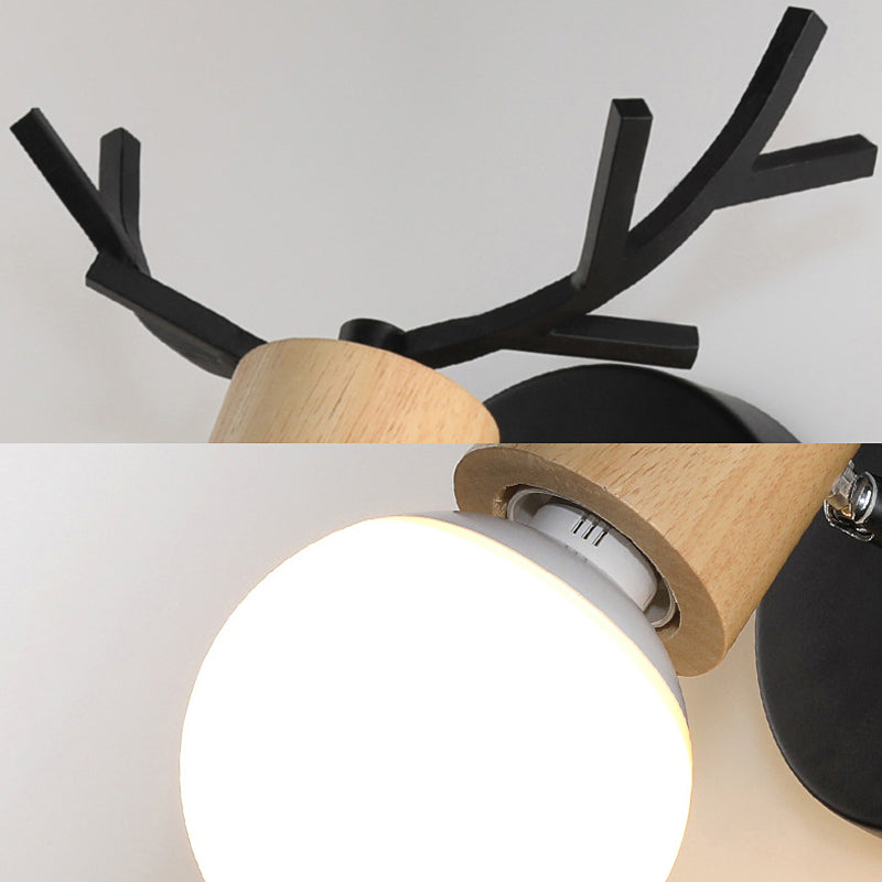 BowLift | 1 Light Bare Bulb Wall Lamp Modern Style Black/White Finish Metal and Wood Wall Lighting with Deer Side