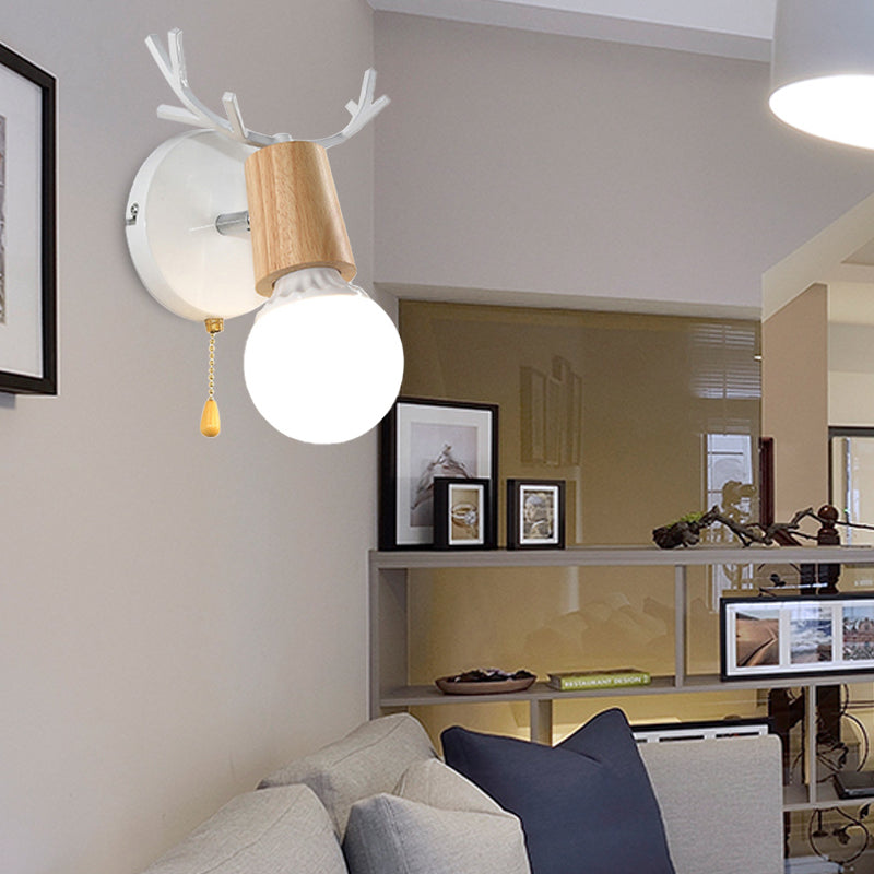 BowLift | 1 Light Bare Bulb Wall Lamp Modern Style Black/White Finish Metal and Wood Wall Lighting with Deer Side