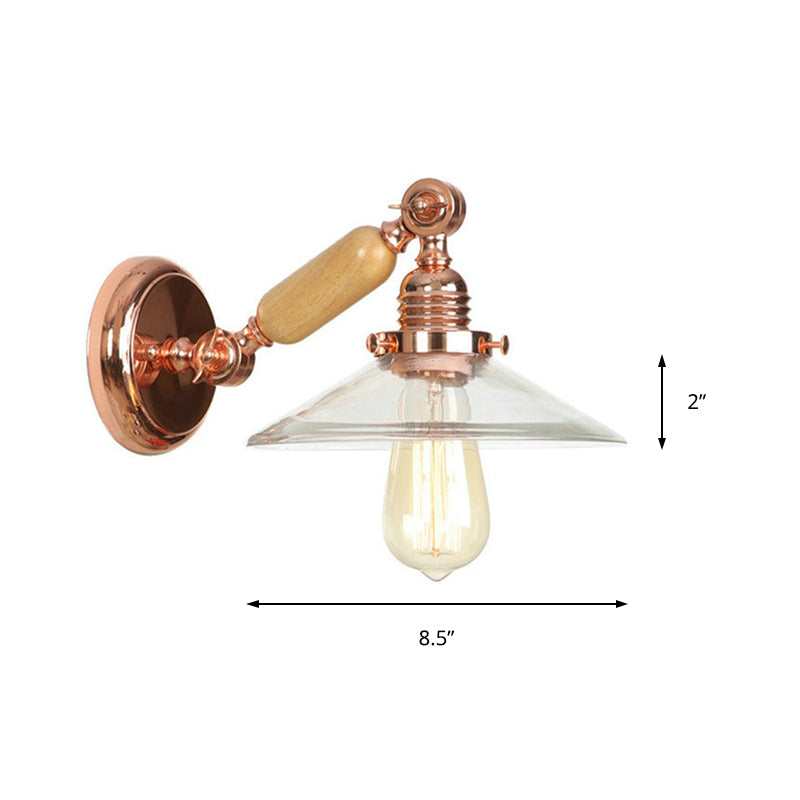 BowLift | 1 Light Clear Glass Wall Light Rustic Rose Gold Cone Living Room Lighting with Rotatable Arm