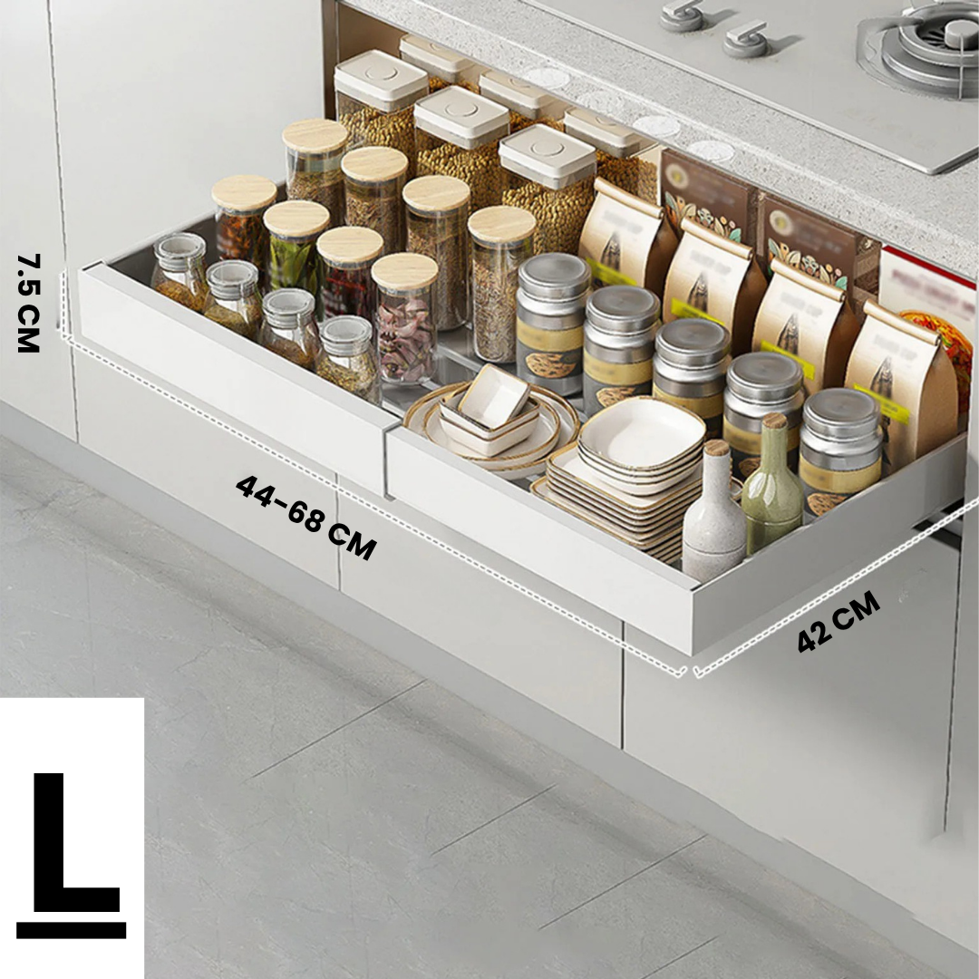 BowLift | Kitchen Cabinet Organizer Shelf | Extendable Carbon Steel Rack with Sliding Drawer
