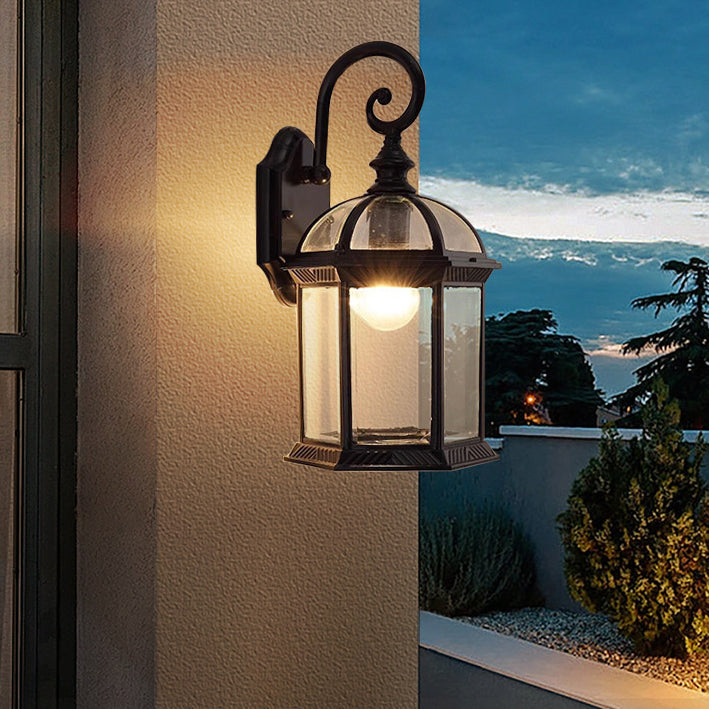 Traditional Vintage Hexagonal Castle Aluminum Glass 1-Light Outdoor Wall Sconce Lamp For Garden | Bowlift