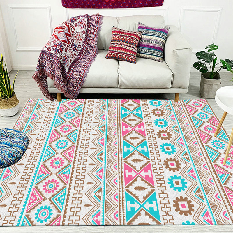 BowLift | Banded Tribal printed rug with Native symbols washable non-slip stain-resistant rug for the bedroom in blue and pink