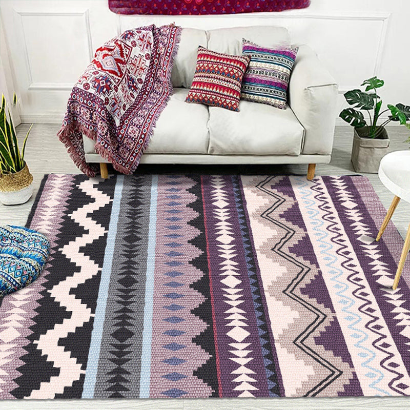 BowLift | Purple Striped Chevron Geometric Rug Indian Tribal Indoor Mat Synthetic Non-Slip Power Loom Rug for Living Room