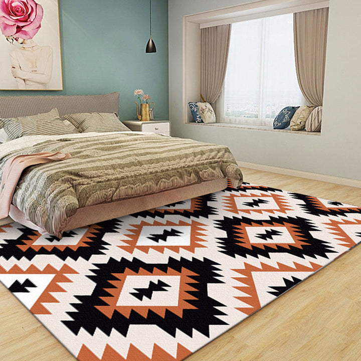 BowLift | Aztec Tokens Tribal Indigenous Carpet with ethnic geometric diamond in orange and black polyester stain-resistant personal carpet