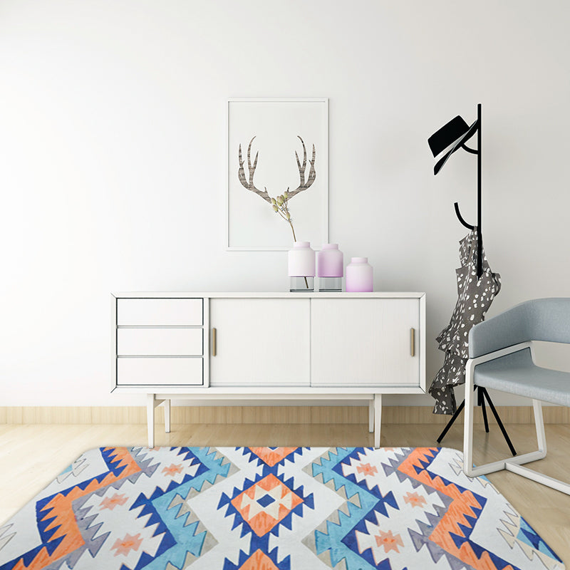 BowLift | Striped Aztec Tokens Tribal Rug in Orange and Blue Synthetic Non-Slip Pet Friendly Rug for Living Room in Gray