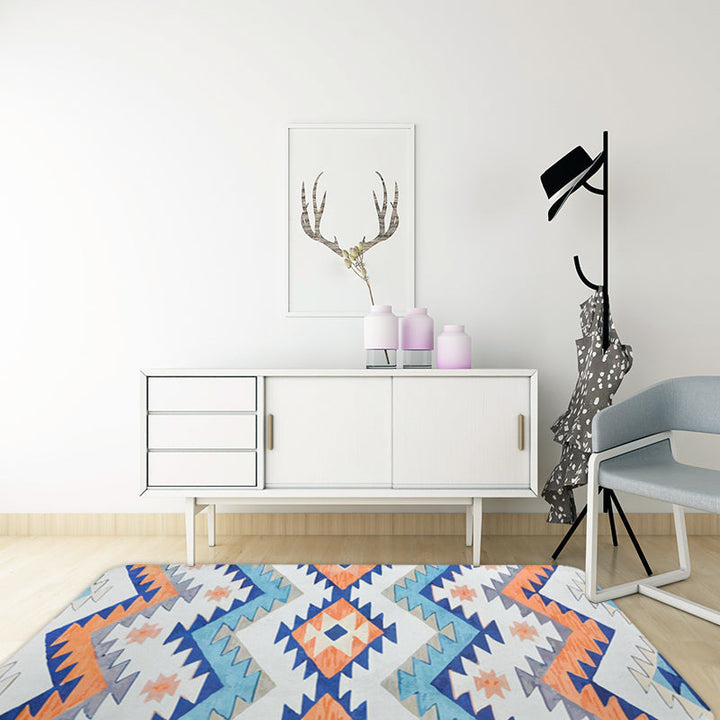 BowLift | Striped Aztec Tokens Tribal Rug in Orange and Blue Synthetic Non-Slip Pet Friendly Rug for Living Room in Gray