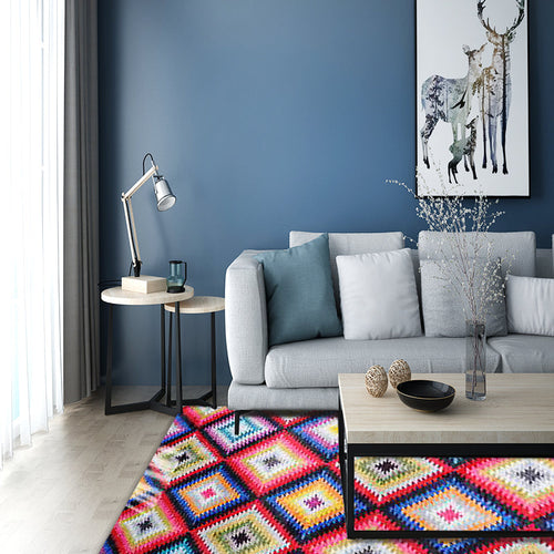 BowLift | Retro-Diamond-Geometric Colorful Carpet Navajo Style Fabric Anti-Slip Pet Friendly Area Rug for Living Room