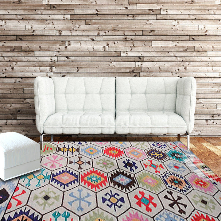 BowLift | Tribal Diamond Geometric Fringe Rug with Native Classic Symbols Fabric Non-Slip Pet-Friendly Rug for Living Room