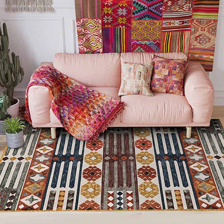 BowLift | Brown Carnival Tribal Carpet Striped Geometric Flooring Carpet Fabric Non-Slip Powerloom Carpet for the Living Room