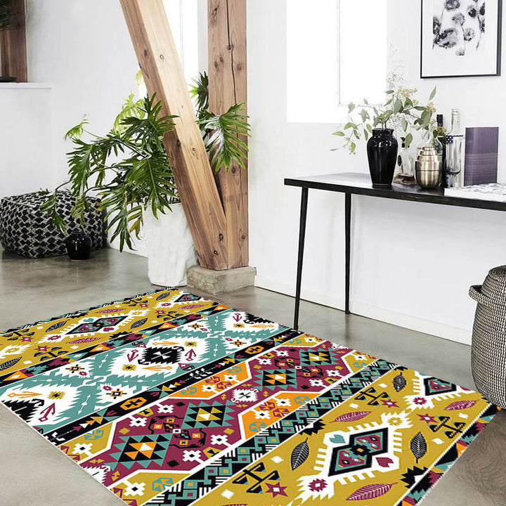 BowLift | Striped geometric Indian tribal rug with botanical motifs and bows, polyester stain-resistant rug in yellow and green