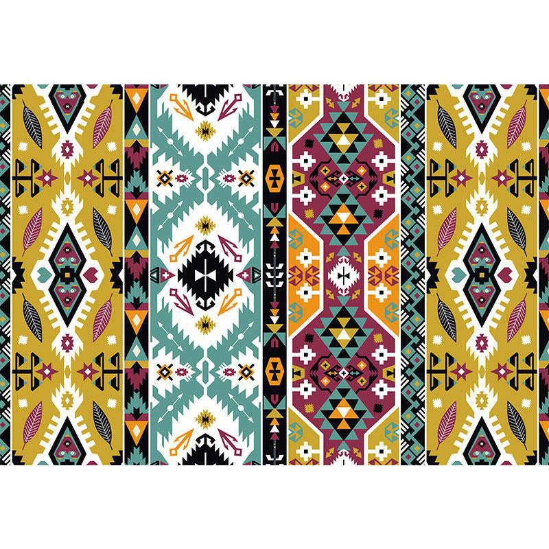 BowLift | Striped geometric Indian tribal rug with botanical motifs and bows, polyester stain-resistant rug in yellow and green