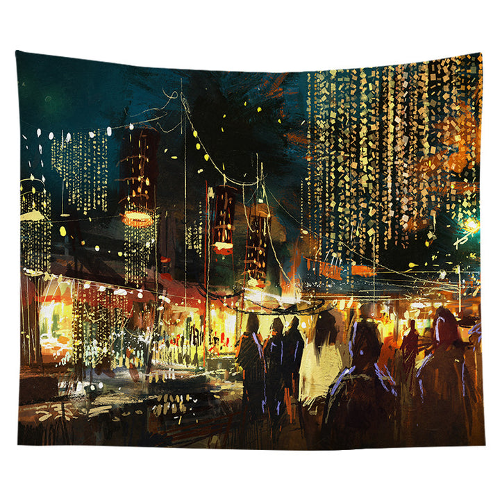 Decorative Bohemian Wall Tapestry with Abstract Lunar Cityscape Print