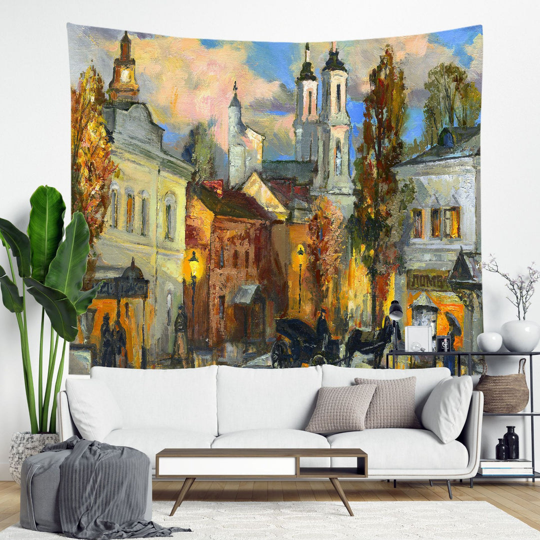 Decorative Bohemian Wall Tapestry with Abstract Lunar Cityscape Print