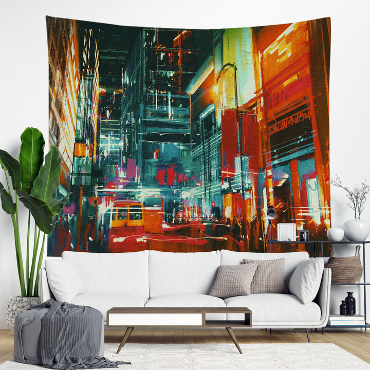 Decorative Bohemian Wall Tapestry with Abstract Lunar Cityscape Print