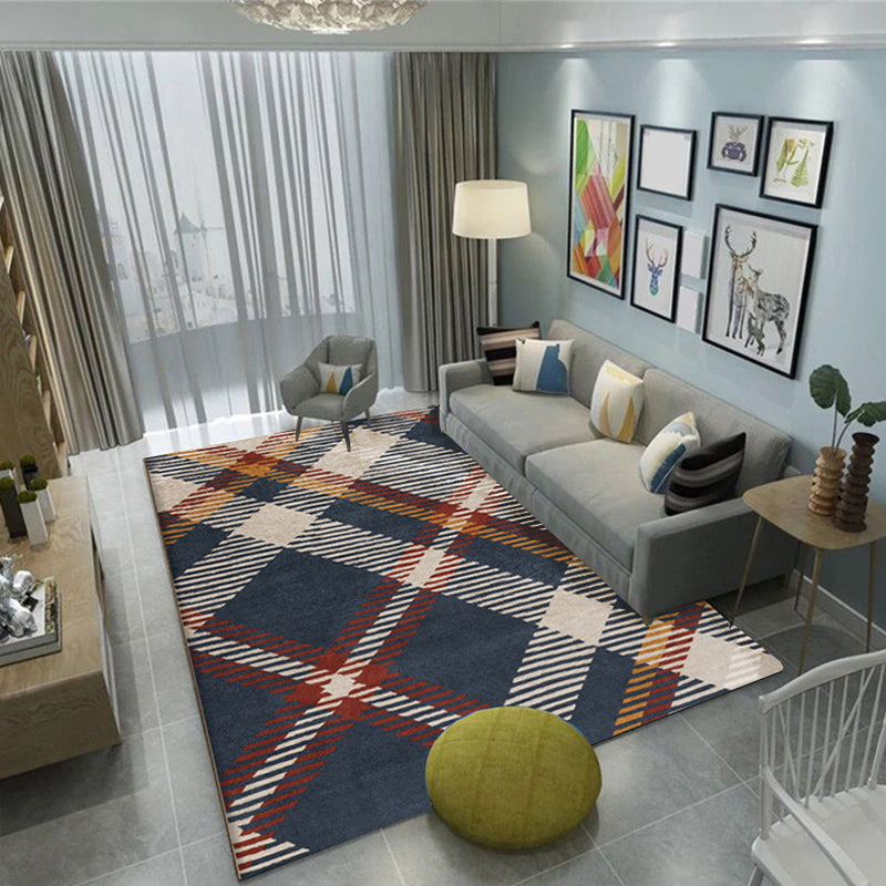 Red and blue modern rug polyester plaid rug washable non-slip backing rectangular rug for the living room | Bowlift
