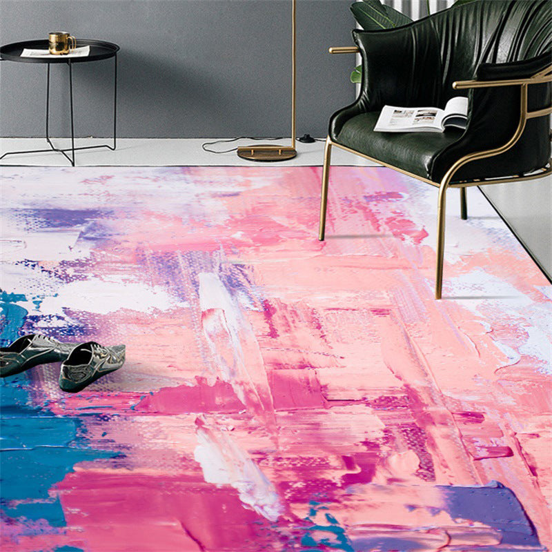Modern bedroom rug in pink abstract painting print rug polyester washable area rug | Bowlift