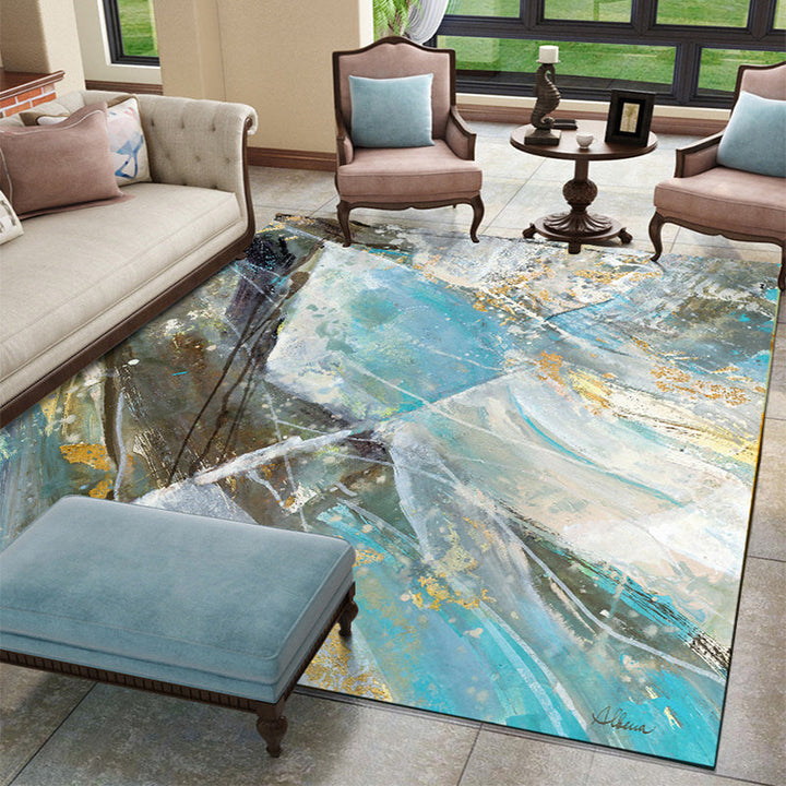 Modern rug for the living room in blue abstract marble pattern rug polyester washable rug | Bowlift