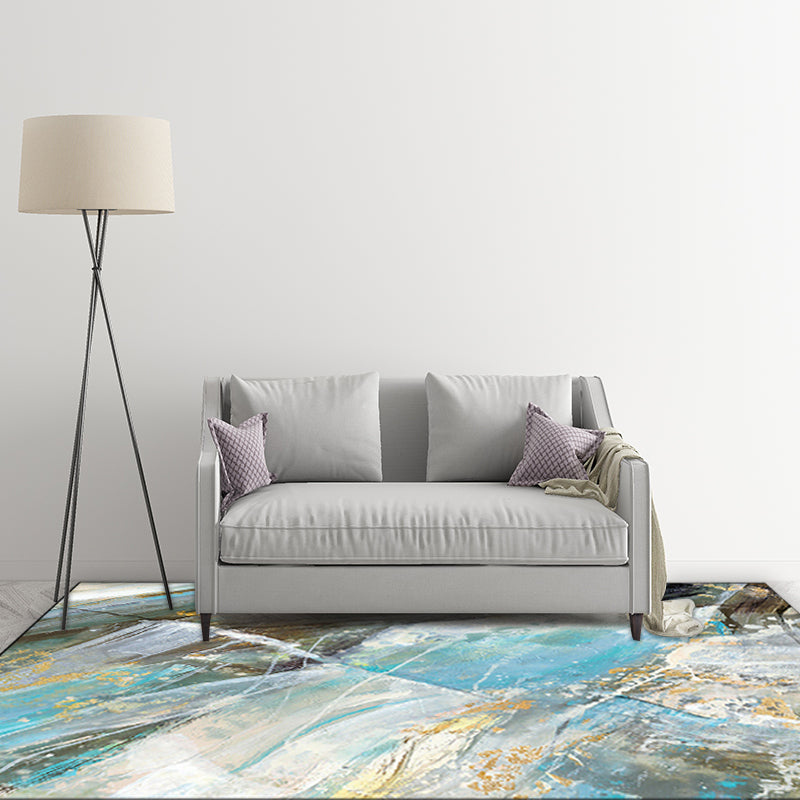 Modern rug for the living room in blue abstract marble pattern rug polyester washable rug | Bowlift