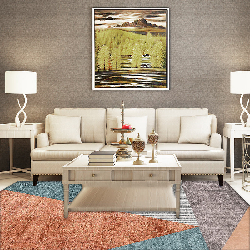 Orange and blue modern rug polyester striped geometric color block rug washable non-slip backing rectangular rug for the bedroom | Bowlift