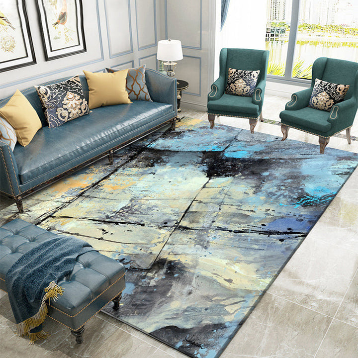 Blue Bedroom Carpet Modern Abstract Line Splash Ink Pattern Rug Polyester Washable Rug | Bowlift