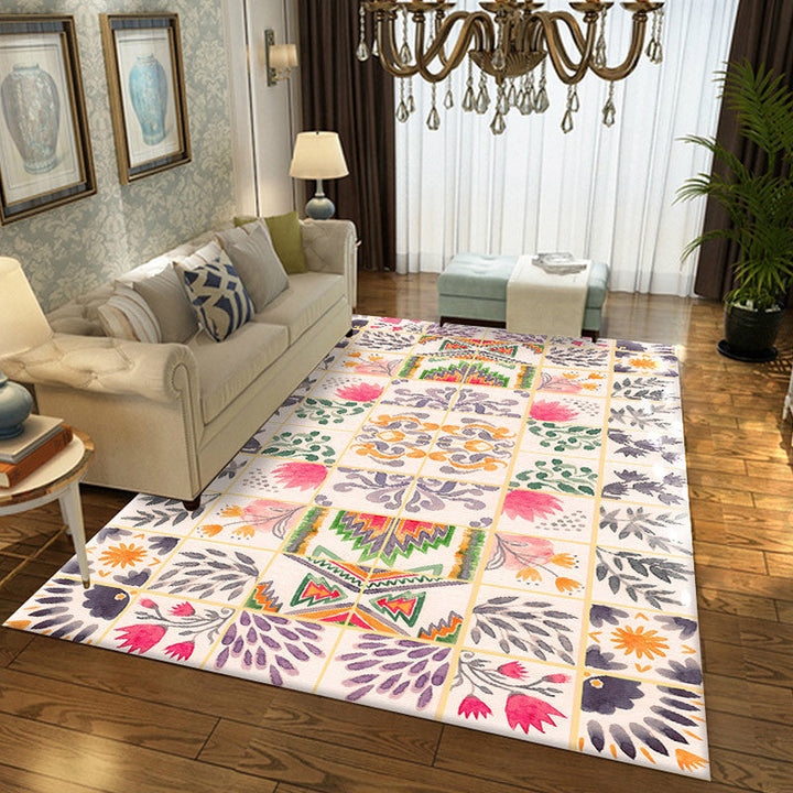 BowLift | Moroccan Living Room Rug in White Floral Leaf Circle Print Rug Polyester Non-Slip Floor Mat