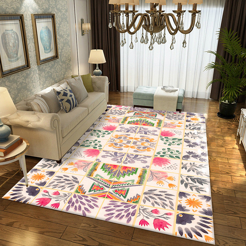 BowLift | Moroccan Living Room Rug in White Floral Leaf Circle Print Rug Polyester Non-Slip Floor Mat