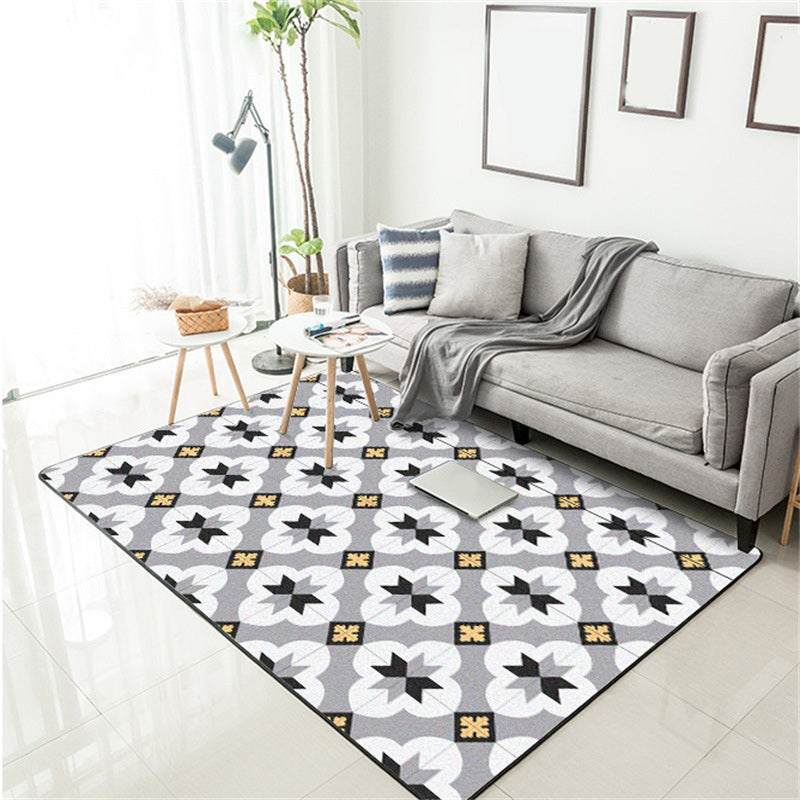 BowLift | Gray Moroccan Rug Polyester Flower Diamond Print Rug Non-Slip Flooring for Home Decor