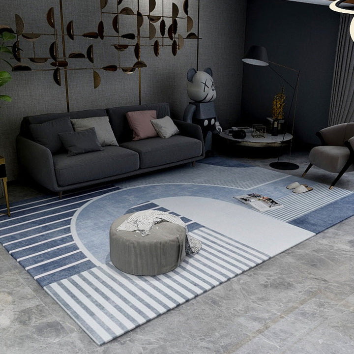 Blue and Gray Simple Rug Polyester Striped Abstract Color Block Rug Washable Rectangular Rug for the Living Room | Bowlift
