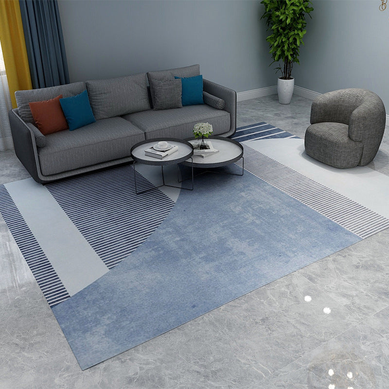 Blue and Gray Simple Rug Polyester Striped Abstract Color Block Rug Washable Rectangular Rug for the Living Room | Bowlift