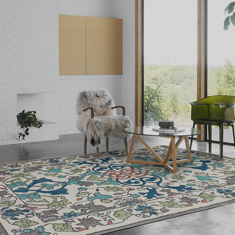 BowLift | Moroccan living room wallpaper in ivory leaf pattern printed carpet polyester non-slip rug