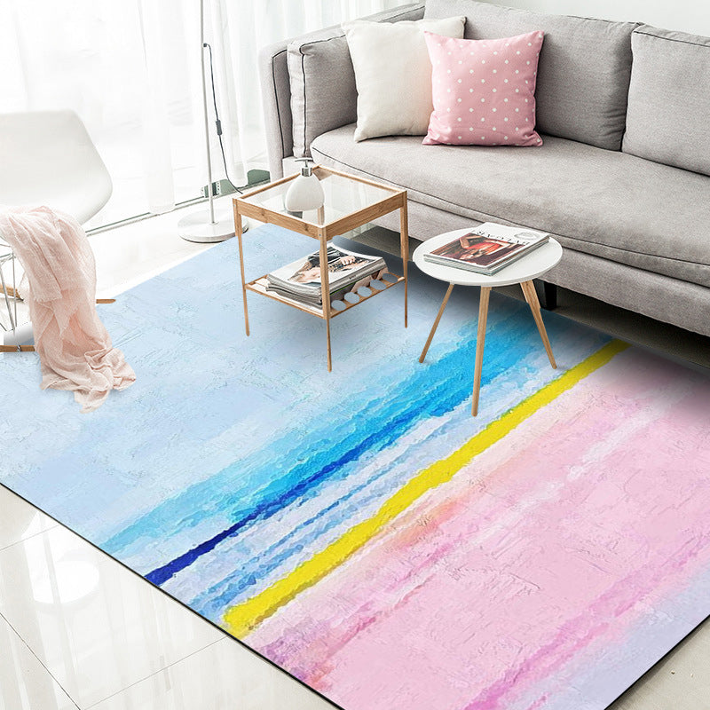 Scandinavian modern rug in blue and pink abstract painting print rug washable polyester rug for home decor | Bowlift