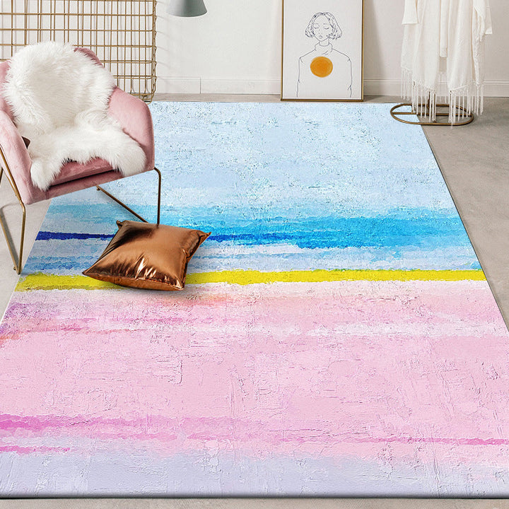 Scandinavian modern rug in blue and pink abstract painting print rug washable polyester rug for home decor | Bowlift