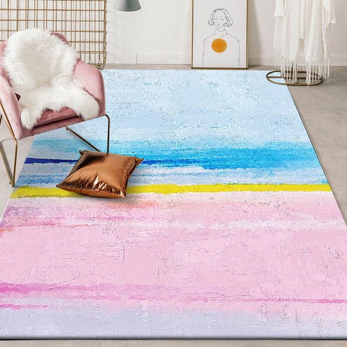 Scandinavian modern rug in blue and pink abstract painting print rug washable polyester rug for home decor | Bowlift