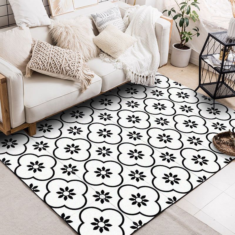BowLift | Moroccan living room rug in white floral square pattern rug polyester non-slip area rug